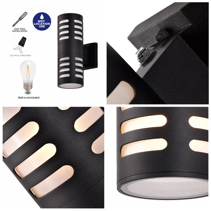 2-Light Matte Black Dusk to Dawn Cylinder Outdoor Wall Sconce