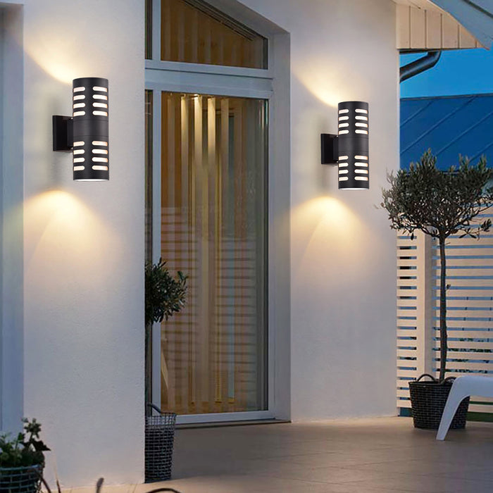 2-Light Matte Black Dusk to Dawn Cylinder Outdoor Wall Sconce