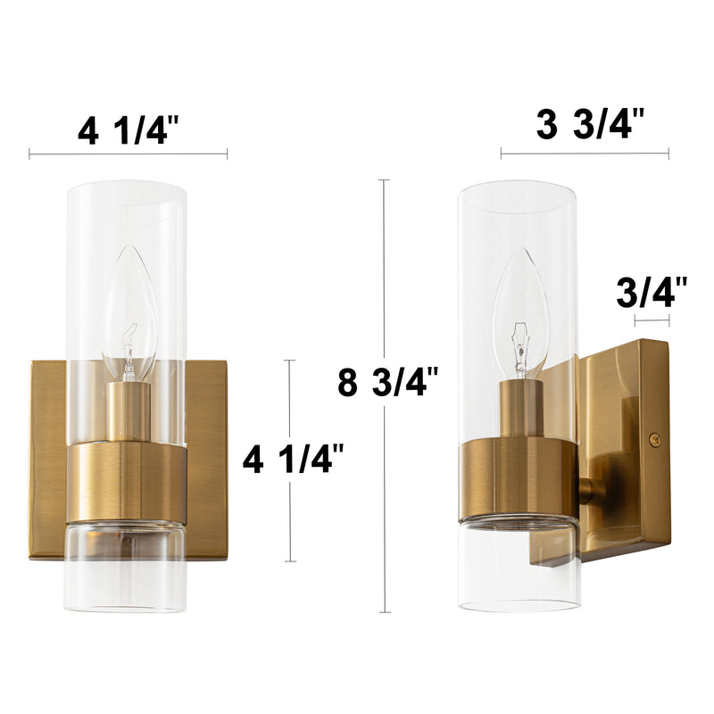 2-Pack Modern Brushed Brass Wall Sconce with Clear Glass Shade, E12 Base, Indoor Bathroom Vanity Light
