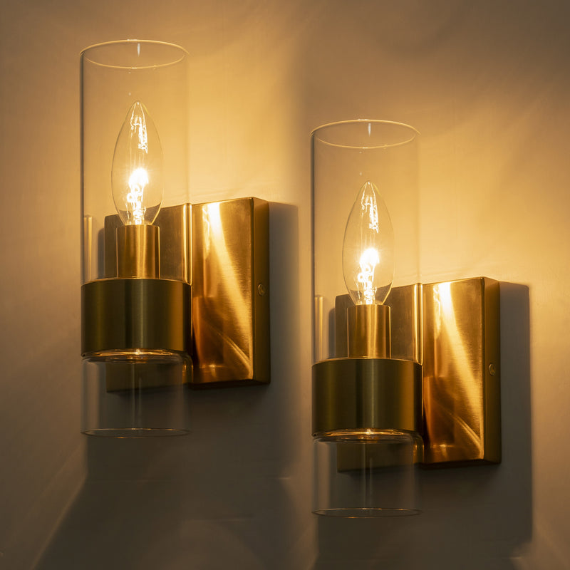 2-Pack Modern Brushed Brass Wall Sconce with Clear Glass Shade, E12 Base, Indoor Bathroom Vanity Light