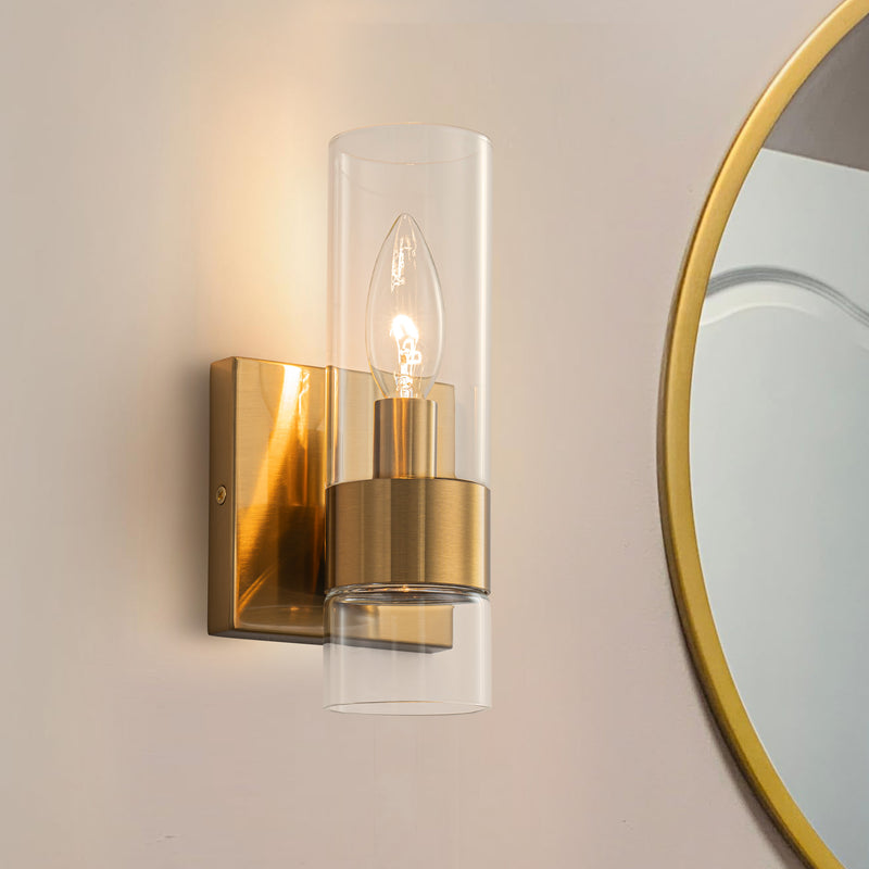 2-Pack Modern Brushed Brass Wall Sconce with Clear Glass Shade, E12 Base, Indoor Bathroom Vanity Light