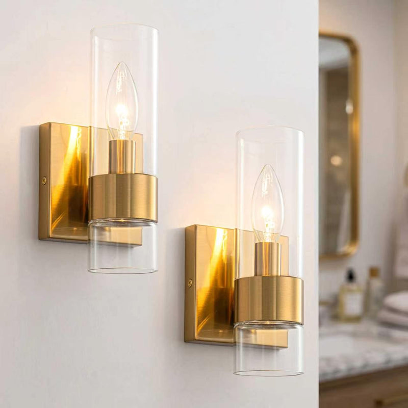 2-Pack Modern Brushed Brass Wall Sconce with Clear Glass Shade, E12 Base, Indoor Bathroom Vanity Light