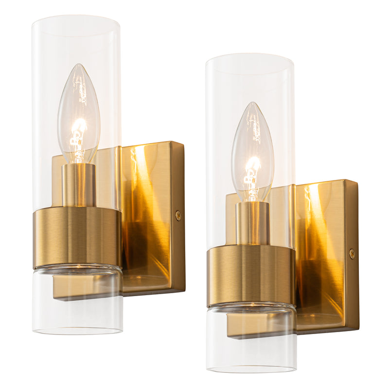 2-Pack Modern Brushed Brass Wall Sconce with Clear Glass Shade, E12 Base, Indoor Bathroom Vanity Light