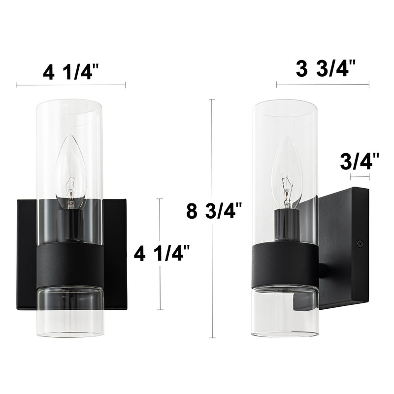 2-Pack Modern Matte Black Wall Sconce with Clear Glass Shade, E12 Base, Indoor Bathroom Vanity Light