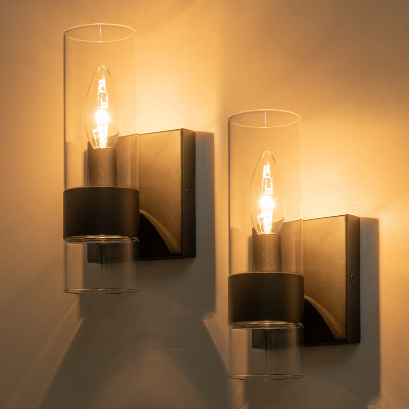 2-Pack Modern Matte Black Wall Sconce with Clear Glass Shade, E12 Base, Indoor Bathroom Vanity Light