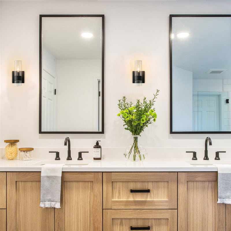 2-Pack Modern Matte Black Wall Sconce with Clear Glass Shade, E12 Base, Indoor Bathroom Vanity Light