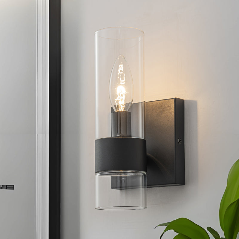 2-Pack Modern Matte Black Wall Sconce with Clear Glass Shade, E12 Base, Indoor Bathroom Vanity Light