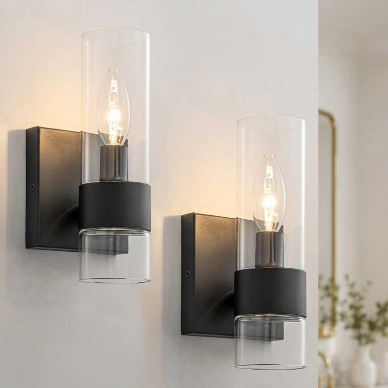 2-Pack Modern Matte Black Wall Sconce with Clear Glass Shade, E12 Base, Indoor Bathroom Vanity Light