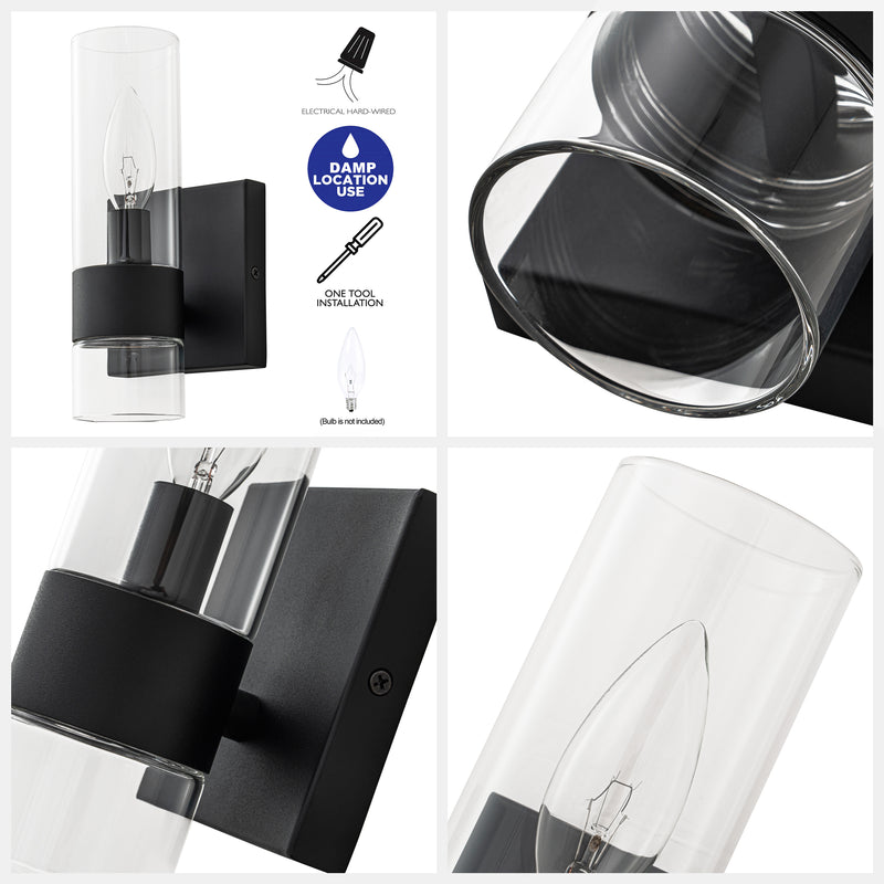 2-Pack Modern Matte Black Wall Sconce with Clear Glass Shade, E12 Base, Indoor Bathroom Vanity Light