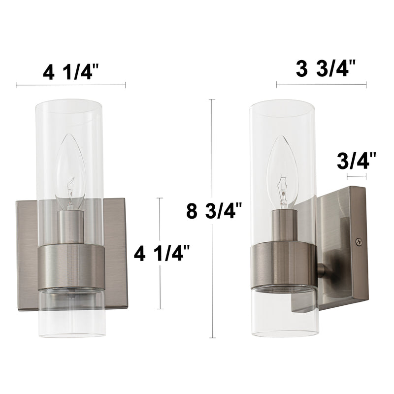 2-Pack Modern Brushed Nickel Wall Sconce with Clear Glass Shade, E12 Base, Indoor Bathroom Vanity Light