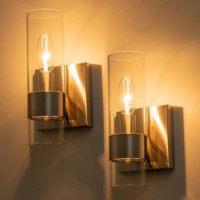 2-Pack Modern Brushed Nickel Wall Sconce with Clear Glass Shade, E12 Base, Indoor Bathroom Vanity Light