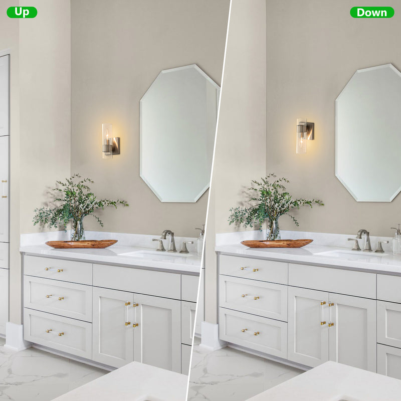 2-Pack Modern Brushed Nickel Wall Sconce with Clear Glass Shade, E12 Base, Indoor Bathroom Vanity Light