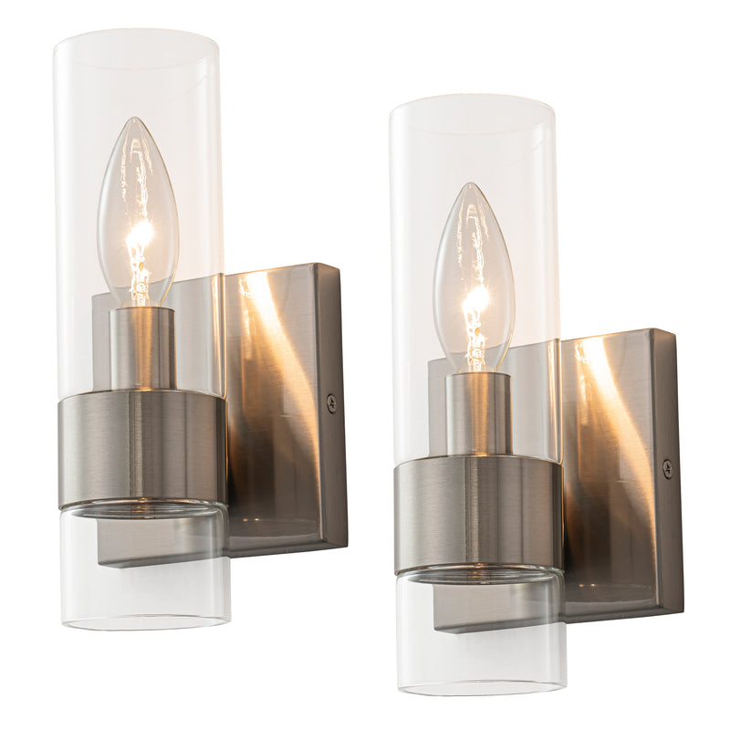 2-Pack Modern Brushed Nickel Wall Sconce with Clear Glass Shade, E12 Base, Indoor Bathroom Vanity Light
