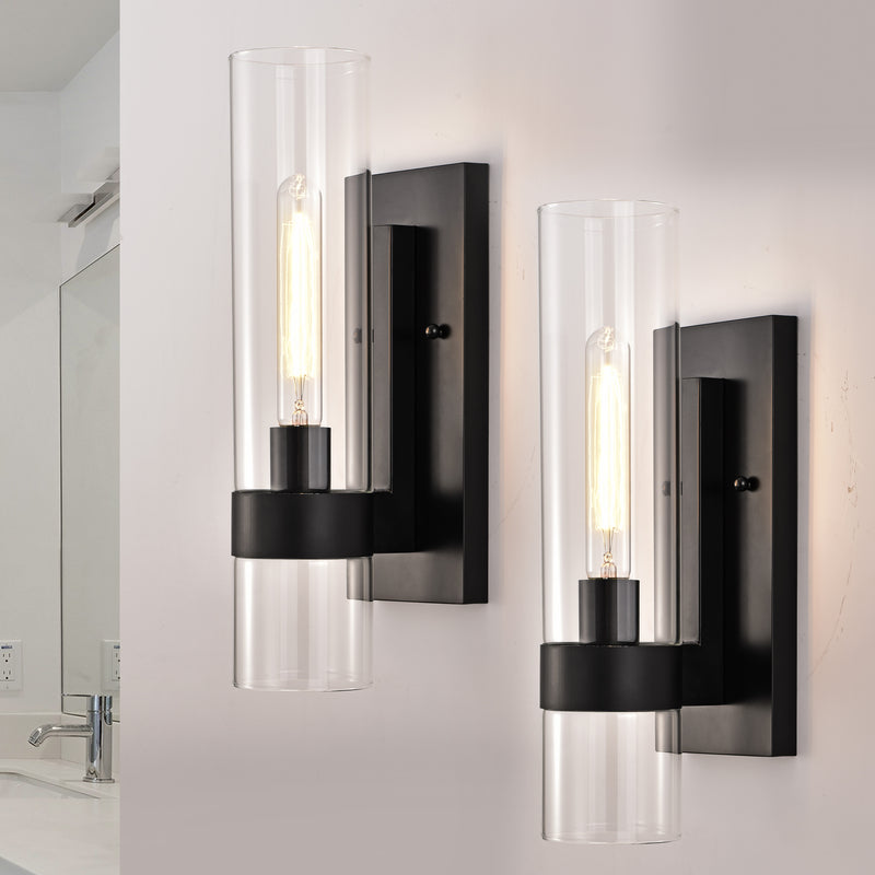 16.75 in. 1-Light Black Bathroom Vanity Light Wall Sconce with Cylinder Clear Glass (2-Pack)