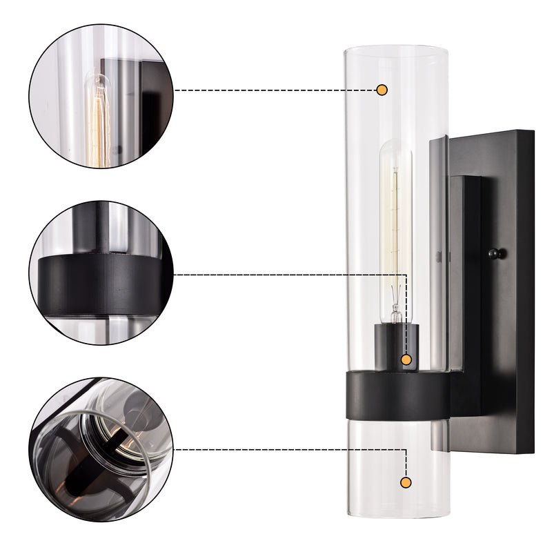 16.75 in. 1-Light Black Bathroom Vanity Light Wall Sconce with Cylinder Clear Glass (2-Pack)