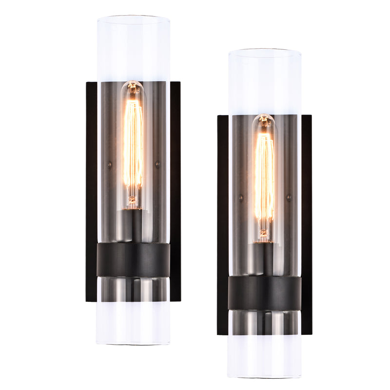 16.75 in. 1-Light Black Bathroom Vanity Light Wall Sconce with Cylinder Clear Glass (2-Pack)