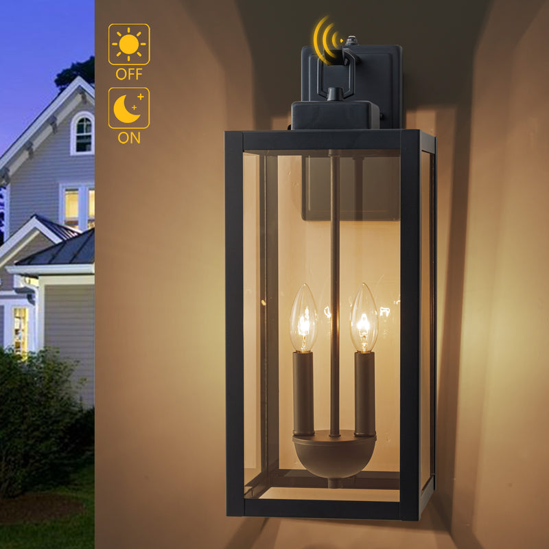 2-Light Black Dusk to Dawn Outdoor Wall Lantern Sconce with Clear Tempered Glass