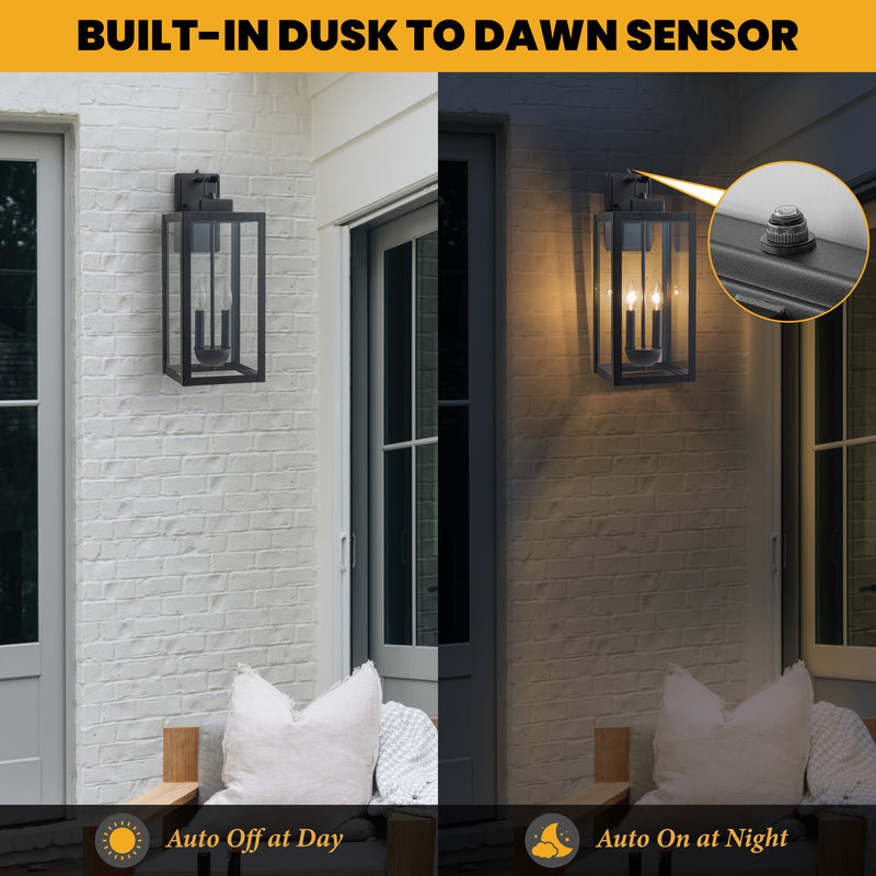 2-Light Black Dusk to Dawn Outdoor Wall Lantern Sconce with Clear Tempered Glass