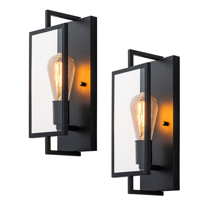 Black Aluminum Indoor Wall Light Sconce with Tempered Glass Shade (2-Pack)