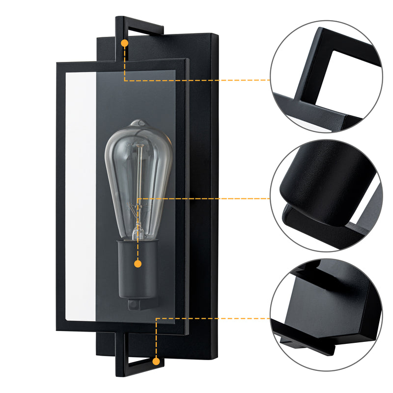 Black Aluminum Indoor Wall Light Sconce with Tempered Glass Shade (2-Pack)