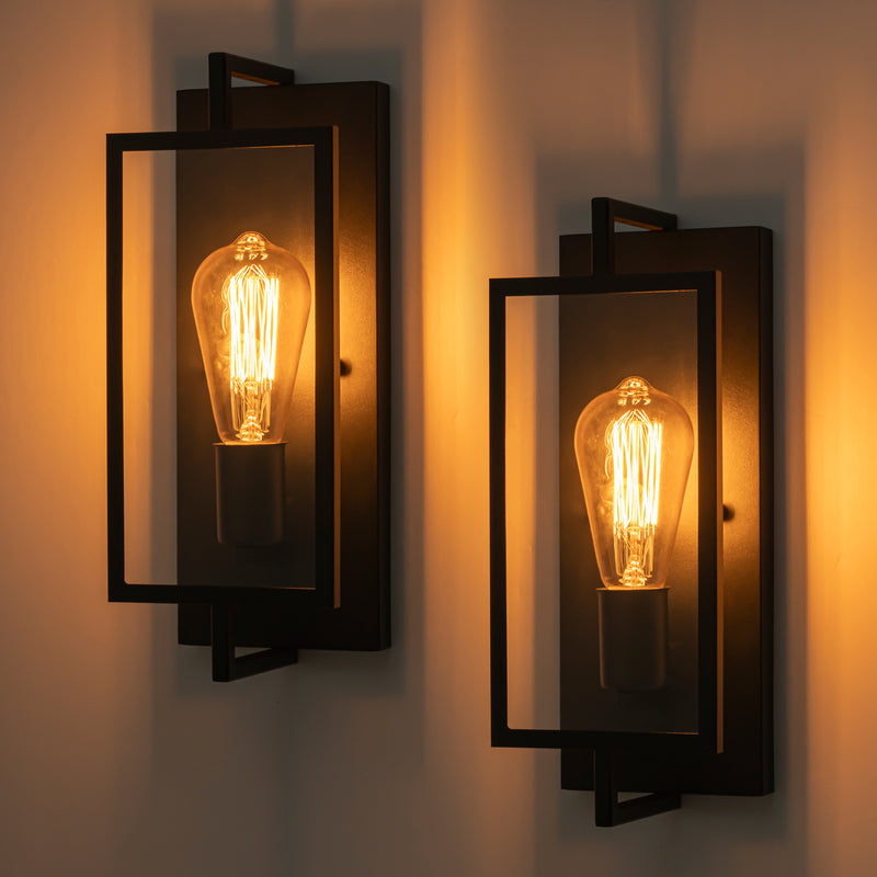 Black Aluminum Indoor Wall Light Sconce with Tempered Glass Shade (2-Pack)