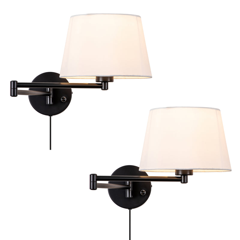 C Cattleya 1-Light Black Plug-In Swing Arm Wall Lamp with Linen Shade(2 Pack)