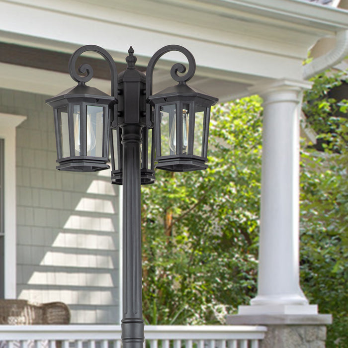 76 in 3-Head Black Outdoor Post Light with Clear Tempered Glass