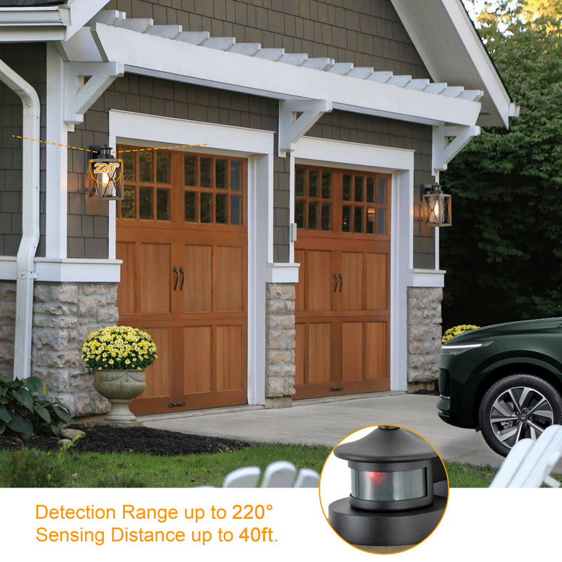 1-Light Black and Faux Wood Motion Sensor and Dusk to Dawn Outdoor Wall Sconce with Clear Seeded Glass