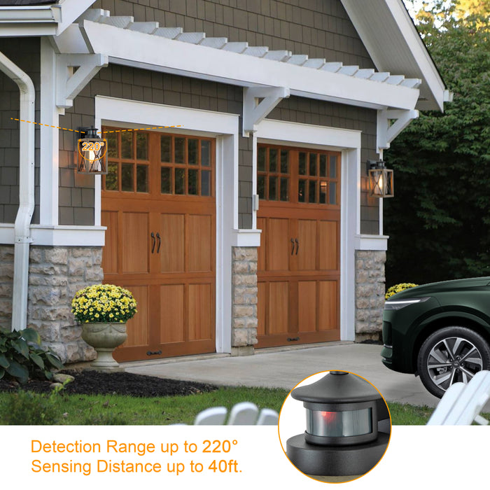 1-Light Black and Faux Wood Motion Sensor and Dusk to Dawn Outdoor Wall Sconce with Clear Seeded Glass