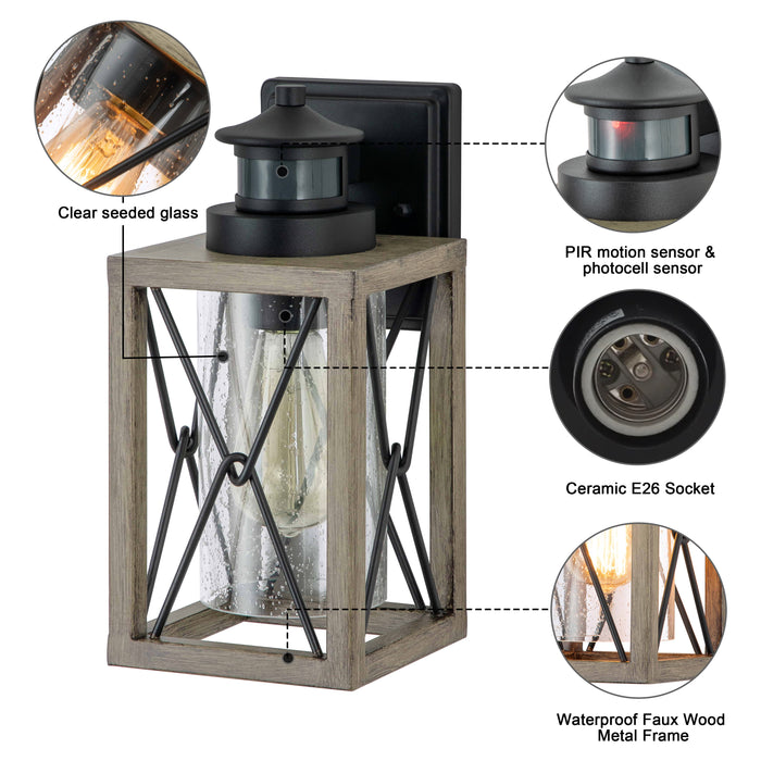 1-Light Black and Faux Wood Motion Sensor and Dusk to Dawn Outdoor Wall Sconce with Clear Seeded Glass