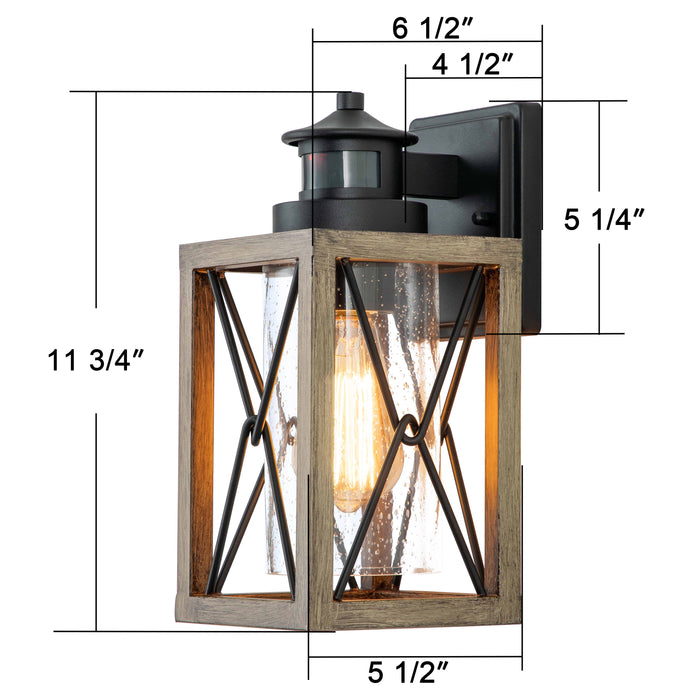 1-Light Black and Faux Wood Motion Sensor and Dusk to Dawn Outdoor Wall Sconce with Clear Seeded Glass