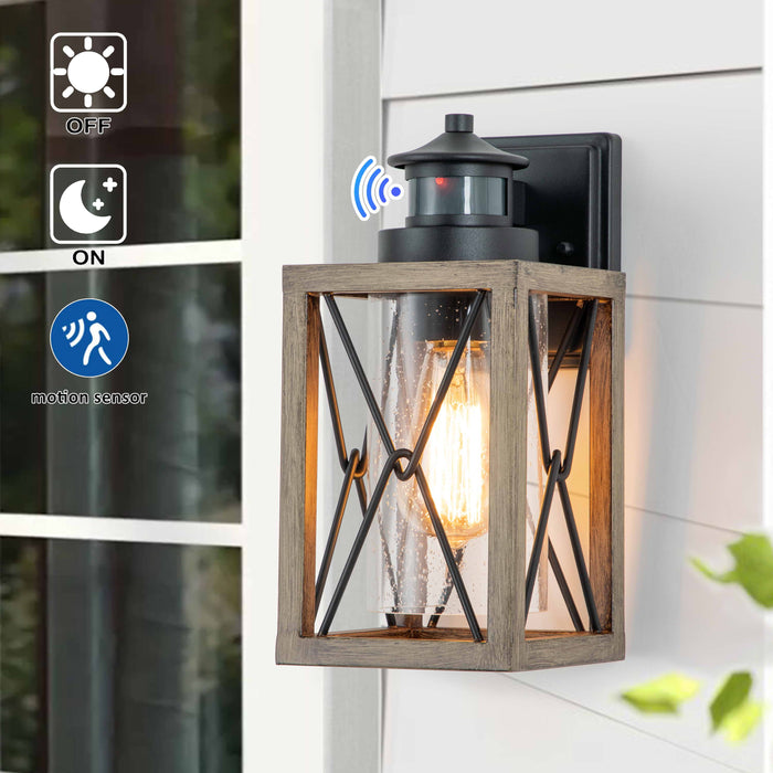 1-Light Black and Faux Wood Motion Sensor and Dusk to Dawn Outdoor Wall Sconce with Clear Seeded Glass