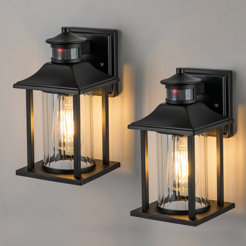 2-Pack Matte Black Motion Sensing Dusk to Dawn Outdoor Wall Sconce with Clear Stripped Glass