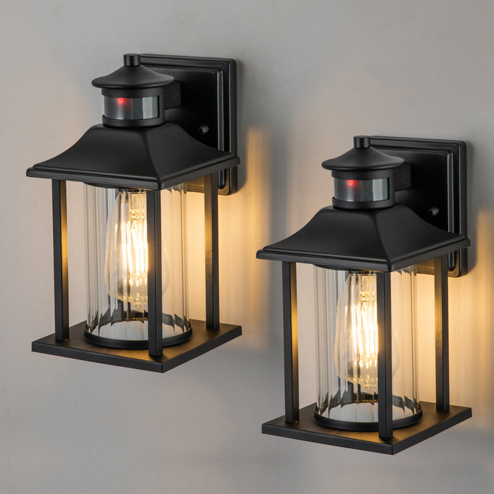 2-Pack Matte Black Motion Sensing Dusk to Dawn Outdoor Wall Sconce with Clear Stripped Glass