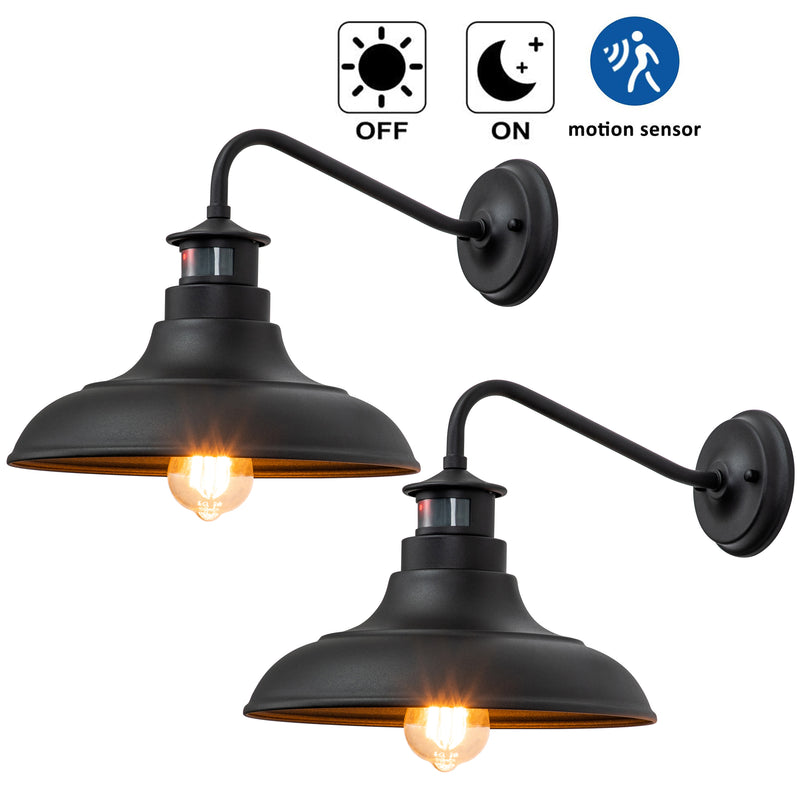 1-Light Matte Black Motion Sensor Dusk To Dawn Gooseneck Outdoor Wall Sconce(2-Pack)