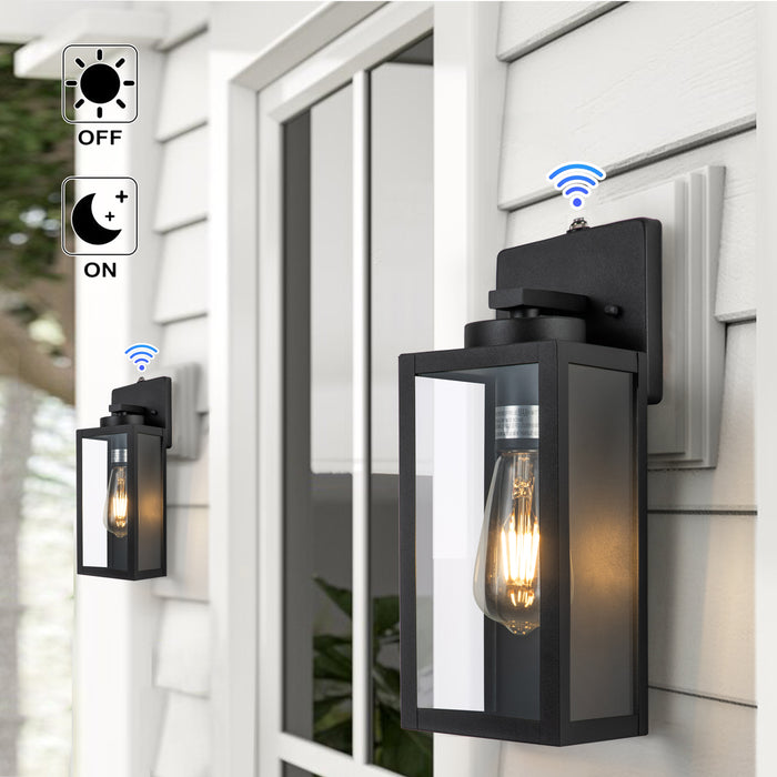 1-Light Matte Black Dusk to Dawn Outdoor Wall Lantern Sconce with Clear Tempered Glass 2-Pack