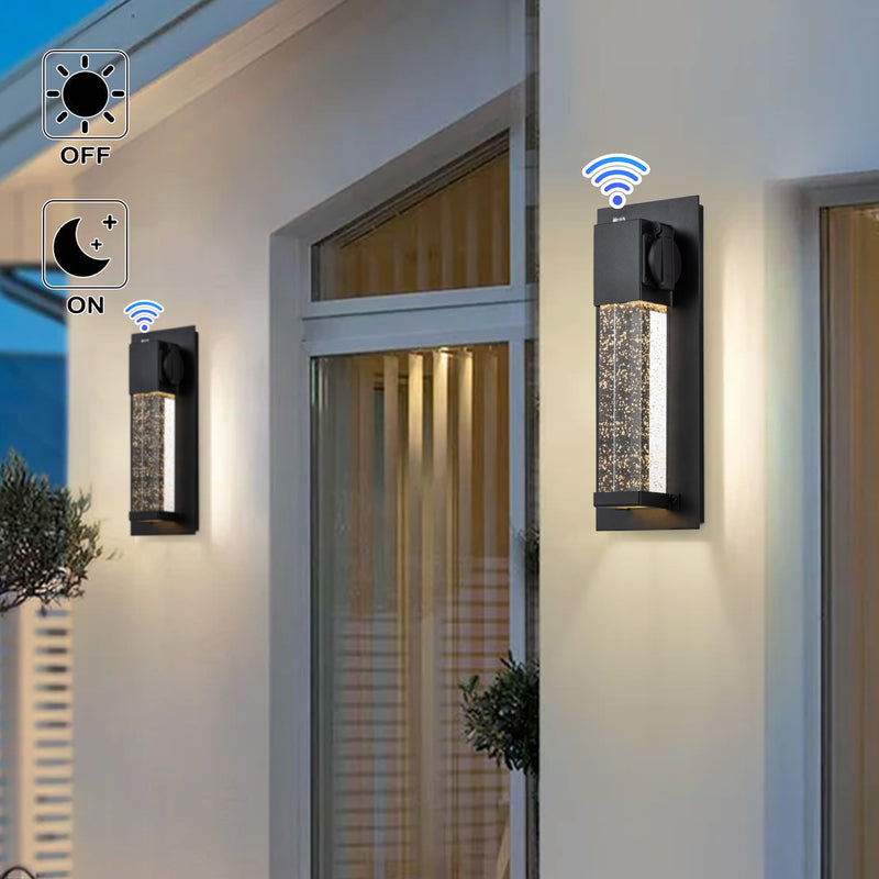 Matte Black Dusk to Dawn LED Outdoor Wall Light with Outlet and Clear Bubble Glass(2-Pack)