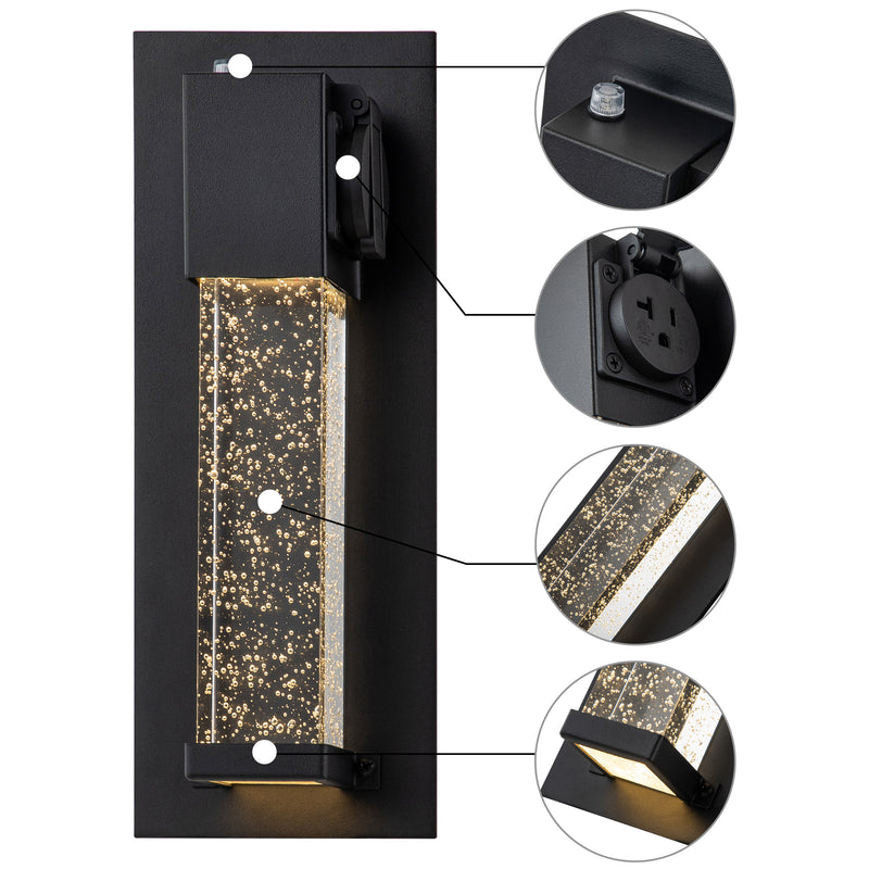 Matte Black Dusk to Dawn LED Outdoor Wall Light with Outlet and Clear Bubble Glass(2-Pack)