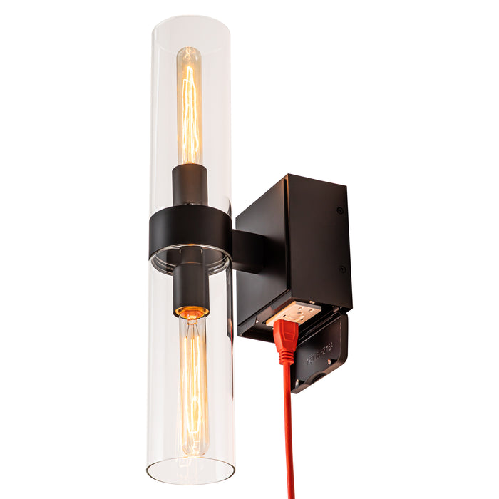 1-Light Black Wall Sconce with GFCI Outlet and Clear Glass Tubes