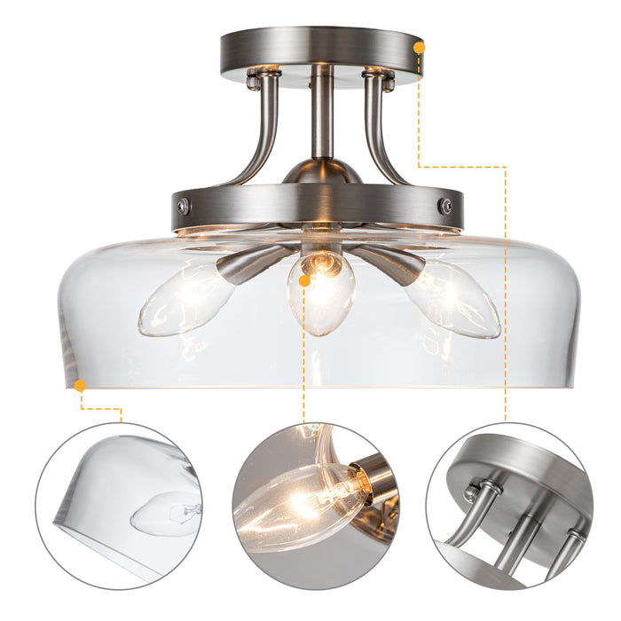 3-Light Satin Nickel Semi Flush Mount with Glass Shade