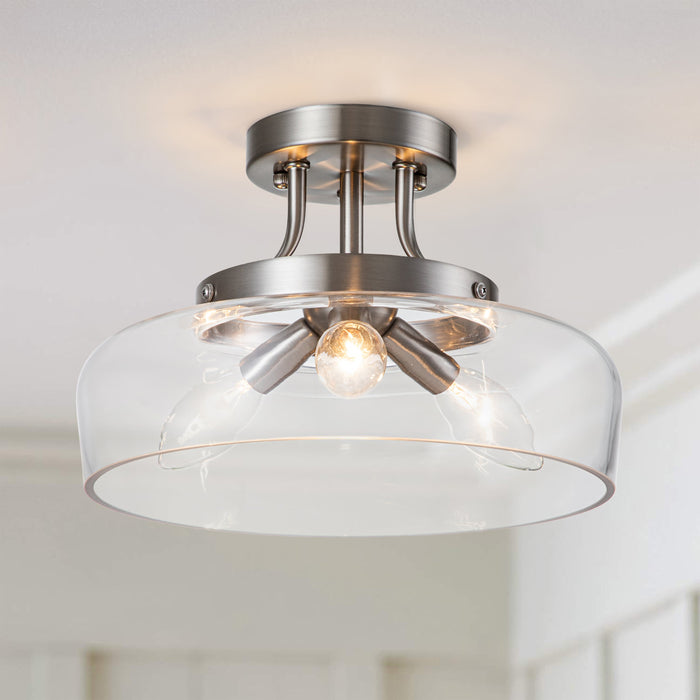 3-Light Satin Nickel Semi Flush Mount with Glass Shade