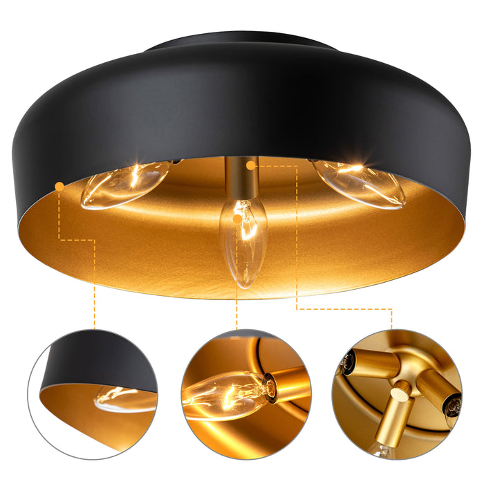 3-Light Matte Black Finish Flush Mount Light with Painted Gold Inside