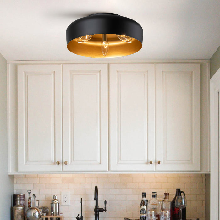 3-Light Matte Black Finish Flush Mount Light with Painted Gold Inside