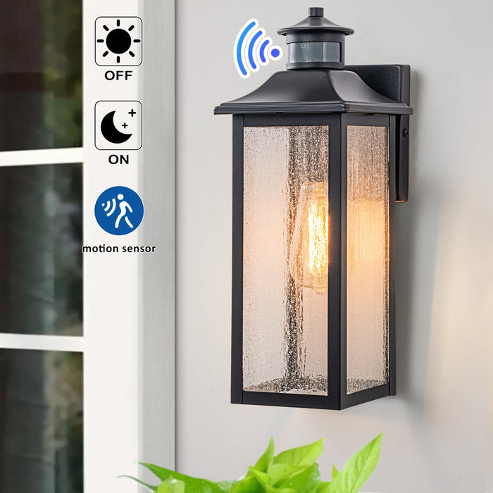 Motion Sensing Dusk to Dawn Outdoor Wall Lantern with Seeded Glass