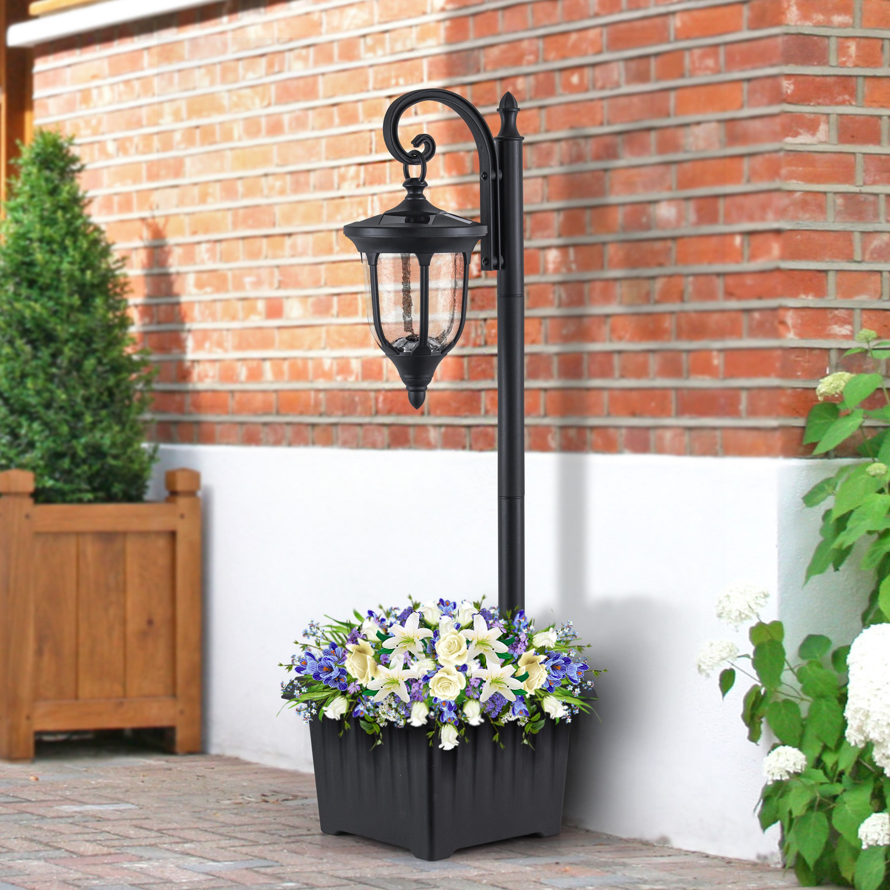 C Cattleya 1-Light Black Solar Outdoor Post Light with Planter and
