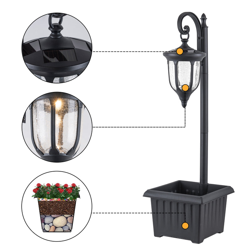 C Cattleya 1-Light Black Solar Outdoor Post Light with Planter and Crackle Glass