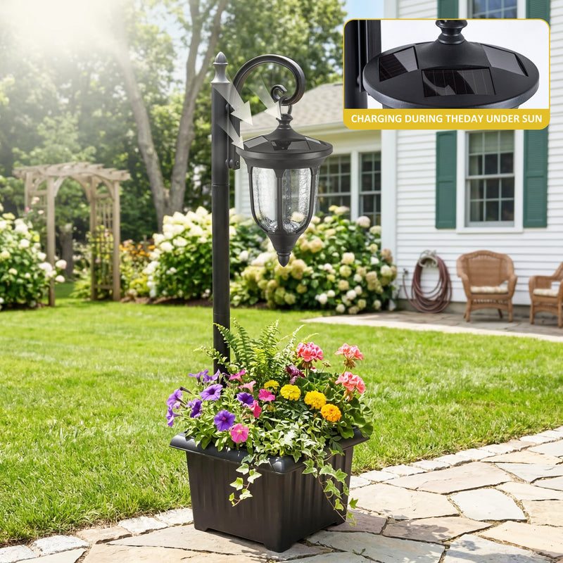 C Cattleya 1-Light Black Solar Outdoor Post Light with Planter and Crackle Glass