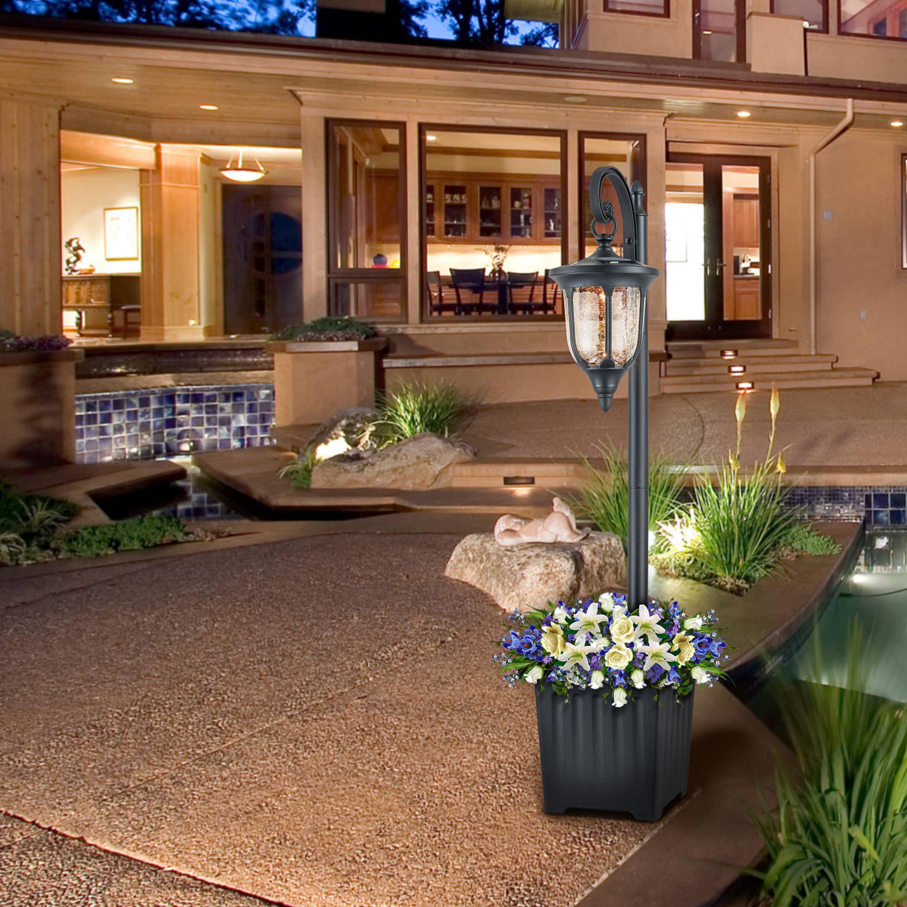 C Cattleya 1-Light Black Solar Outdoor Post Light with Planter and