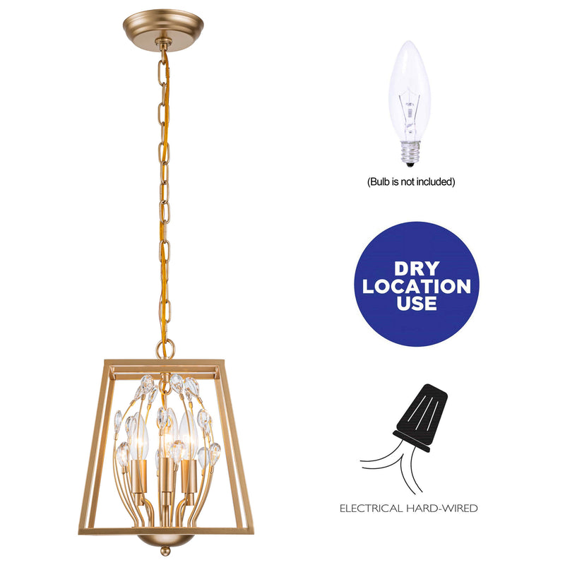 3-Light 9.75in Gold Foyer Pendant Light with Clear Crystals