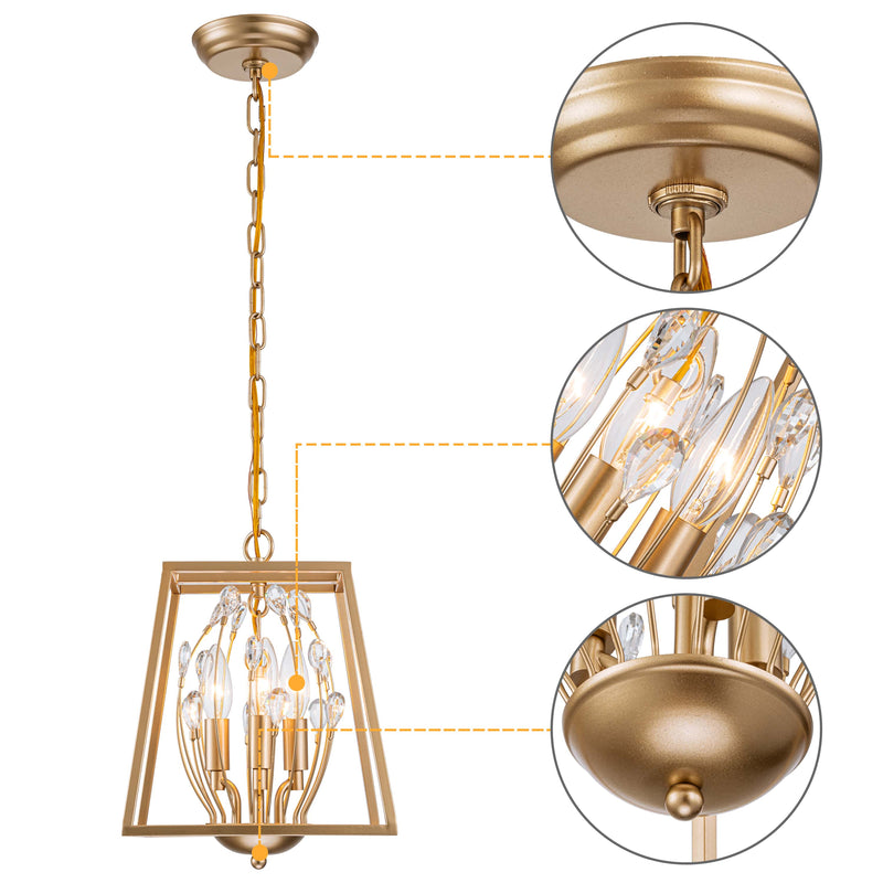 3-Light 9.75in Gold Foyer Pendant Light with Clear Crystals